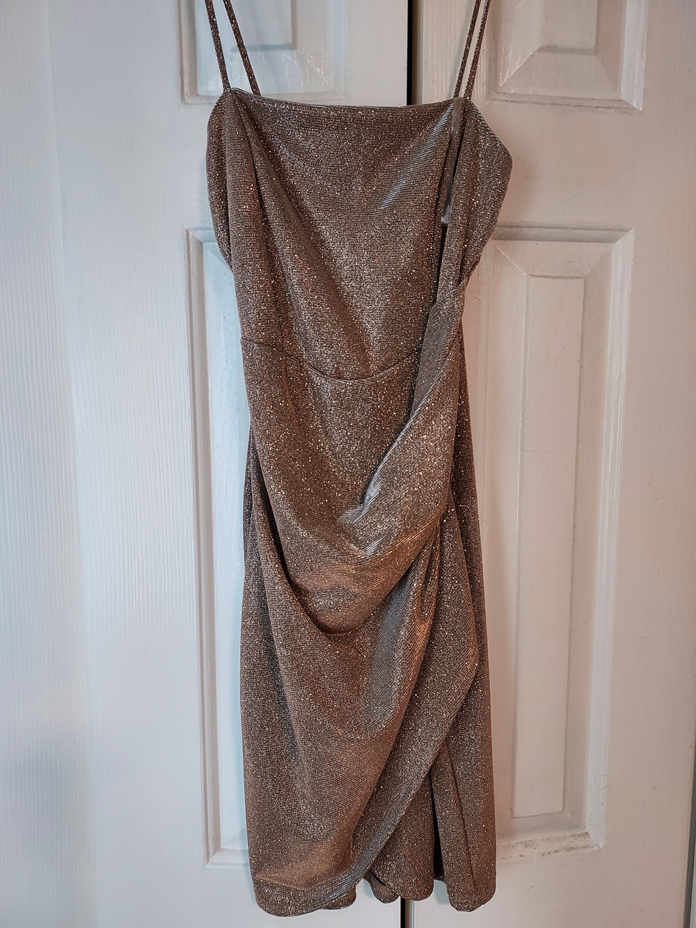 chic Metallic Champagne Sparkle Draped Mini Dress